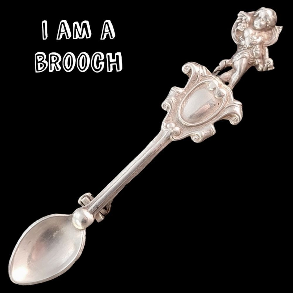 Vintage Cherub Flourish Heart Spoon Brooch Pin